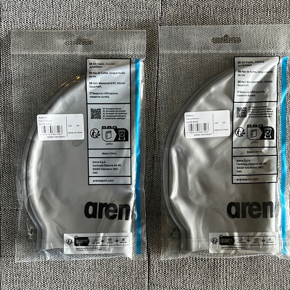Arena Silver Silicone Swim Cap - two for $16